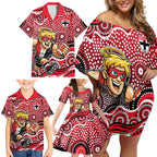 St Kilda Saints Family Matching Off Shoulder Short Dress and Hawaiian Shirt Aboriginal Dot Pattern - Football Mascot Heritage Pride