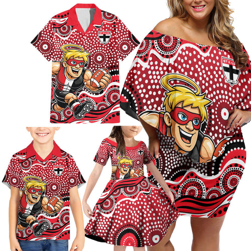 St Kilda Saints Family Matching Off Shoulder Short Dress and Hawaiian Shirt Aboriginal Dot Pattern - Football Mascot Heritage Pride