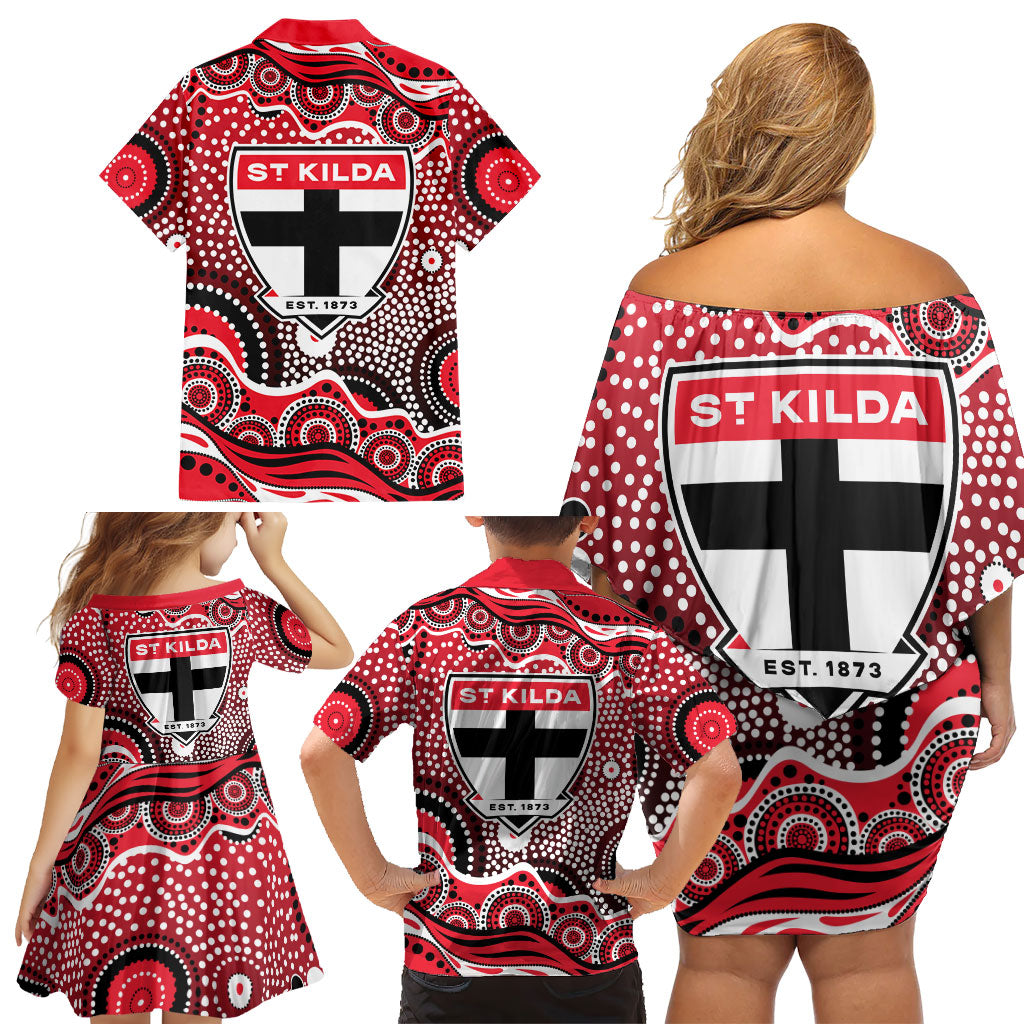 St Kilda Saints Family Matching Off Shoulder Short Dress and Hawaiian Shirt Aboriginal Dot Pattern - Football Mascot Heritage Pride
