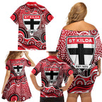 St Kilda Saints Family Matching Off Shoulder Short Dress and Hawaiian Shirt Aboriginal Dot Pattern - Football Mascot Heritage Pride