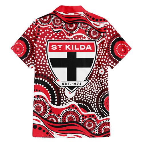 St Kilda Saints Family Matching Off Shoulder Short Dress and Hawaiian Shirt Aboriginal Dot Pattern - Football Mascot Heritage Pride