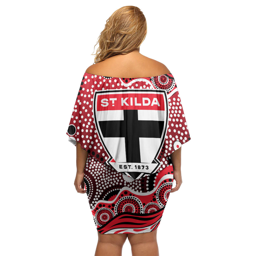 St Kilda Saints Family Matching Off Shoulder Short Dress and Hawaiian Shirt Aboriginal Dot Pattern - Football Mascot Heritage Pride