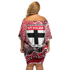 St Kilda Saints Family Matching Off Shoulder Short Dress and Hawaiian Shirt Aboriginal Dot Pattern - Football Mascot Heritage Pride
