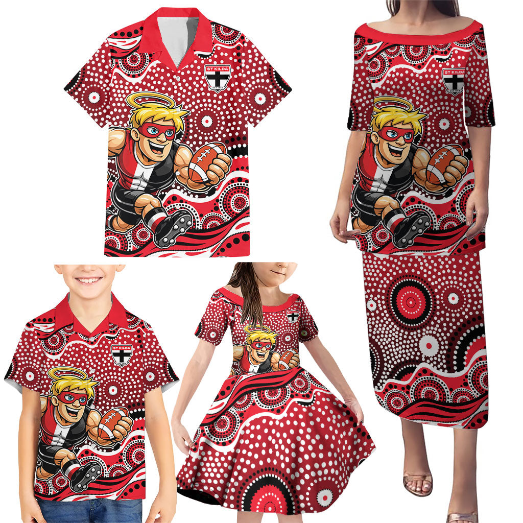 St Kilda Saints Family Matching Puletasi and Hawaiian Shirt Aboriginal Dot Pattern - Football Mascot Heritage Pride