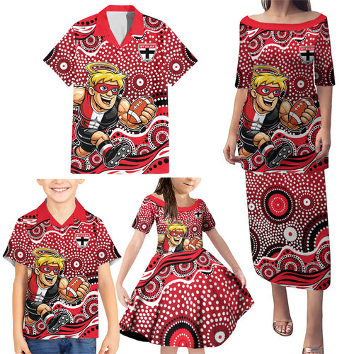 St Kilda Saints Family Matching Puletasi and Hawaiian Shirt Aboriginal Dot Pattern - Football Mascot Heritage Pride