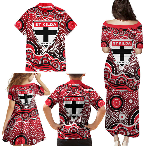 St Kilda Saints Family Matching Puletasi and Hawaiian Shirt Aboriginal Dot Pattern - Football Mascot Heritage Pride