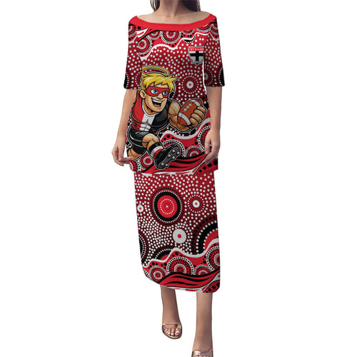 St Kilda Saints Family Matching Puletasi and Hawaiian Shirt Aboriginal Dot Pattern - Football Mascot Heritage Pride