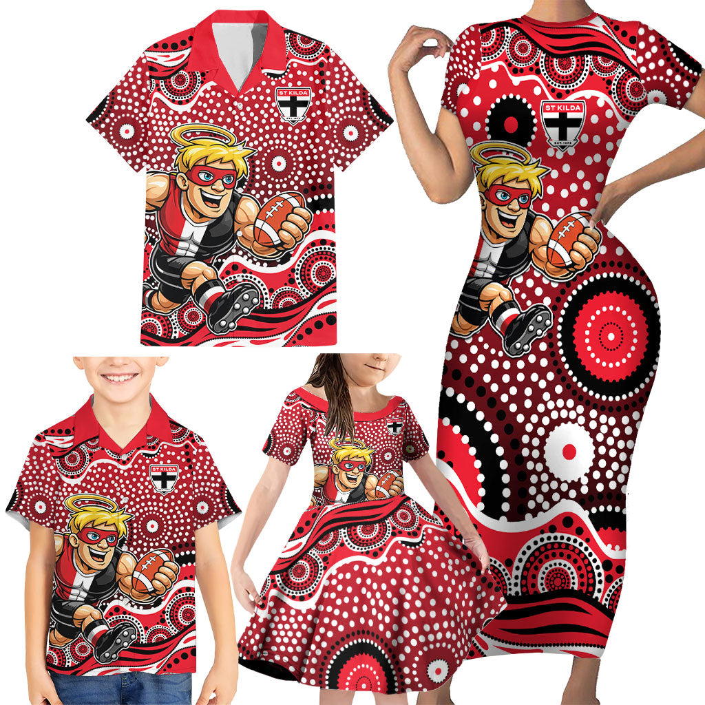 St Kilda Saints Family Matching Short Sleeve Bodycon Dress and Hawaiian Shirt Aboriginal Dot Pattern - Football Mascot Heritage Pride