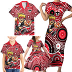 St Kilda Saints Family Matching Short Sleeve Bodycon Dress and Hawaiian Shirt Aboriginal Dot Pattern - Football Mascot Heritage Pride