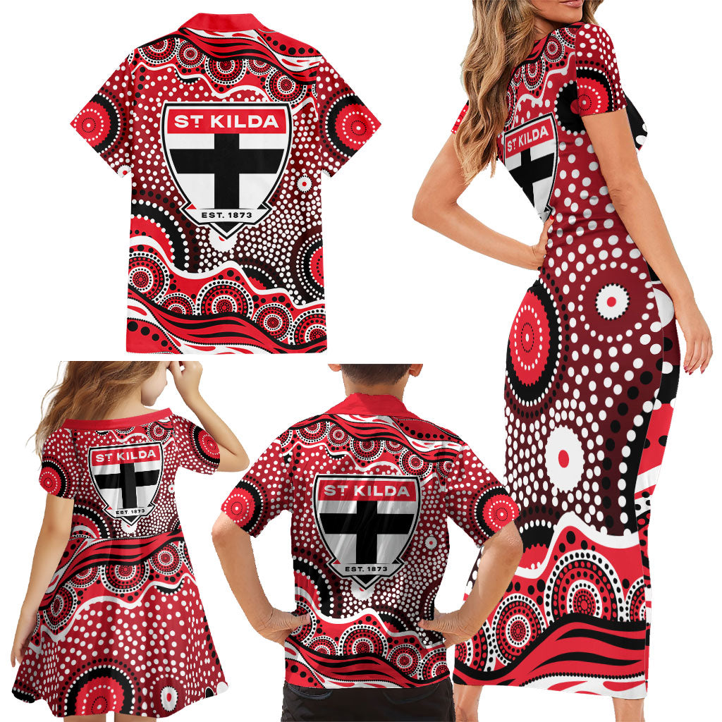St Kilda Saints Family Matching Short Sleeve Bodycon Dress and Hawaiian Shirt Aboriginal Dot Pattern - Football Mascot Heritage Pride