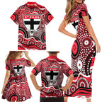 St Kilda Saints Family Matching Short Sleeve Bodycon Dress and Hawaiian Shirt Aboriginal Dot Pattern - Football Mascot Heritage Pride