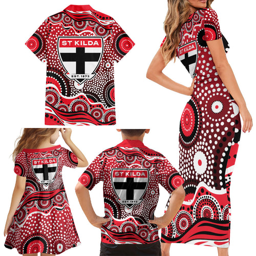 St Kilda Saints Family Matching Short Sleeve Bodycon Dress and Hawaiian Shirt Aboriginal Dot Pattern - Football Mascot Heritage Pride