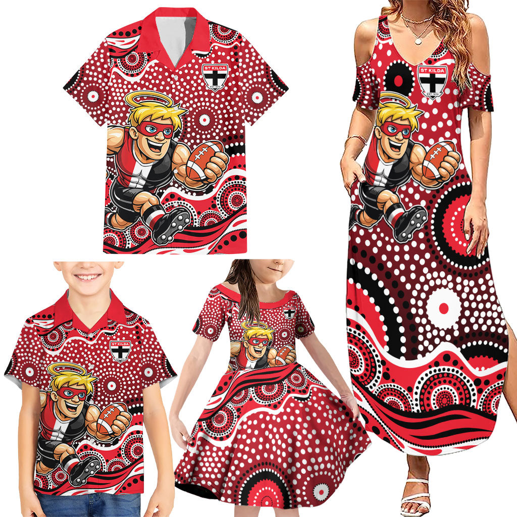 St Kilda Saints Family Matching Summer Maxi Dress and Hawaiian Shirt Aboriginal Dot Pattern - Football Mascot Heritage Pride