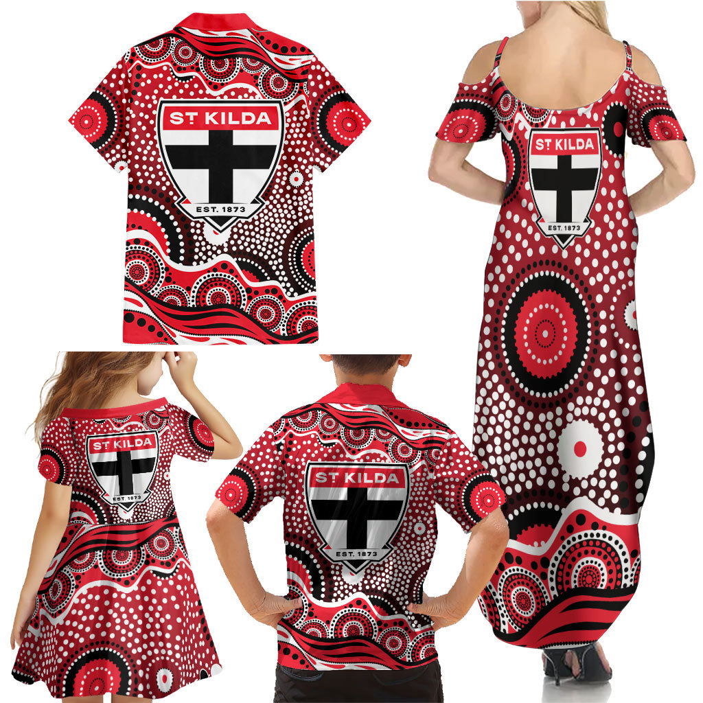 St Kilda Saints Family Matching Summer Maxi Dress and Hawaiian Shirt Aboriginal Dot Pattern - Football Mascot Heritage Pride