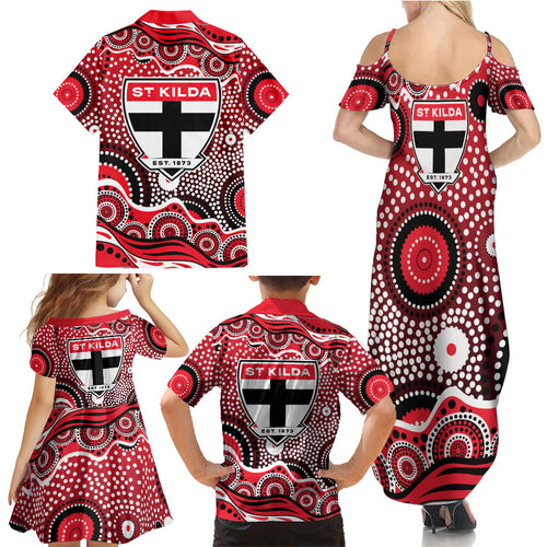 St Kilda Saints Family Matching Summer Maxi Dress and Hawaiian Shirt Aboriginal Dot Pattern - Football Mascot Heritage Pride