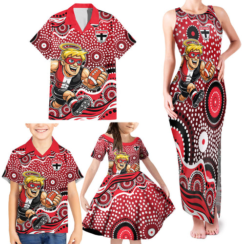 St Kilda Saints Family Matching Tank Maxi Dress and Hawaiian Shirt Aboriginal Dot Pattern - Football Mascot Heritage Pride