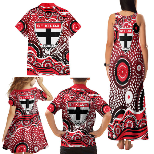 St Kilda Saints Family Matching Tank Maxi Dress and Hawaiian Shirt Aboriginal Dot Pattern - Football Mascot Heritage Pride