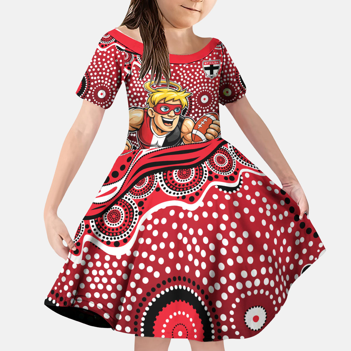 St Kilda Saints Kid Short Sleeve Dress Aboriginal Dot Pattern - Football Mascot Heritage Pride