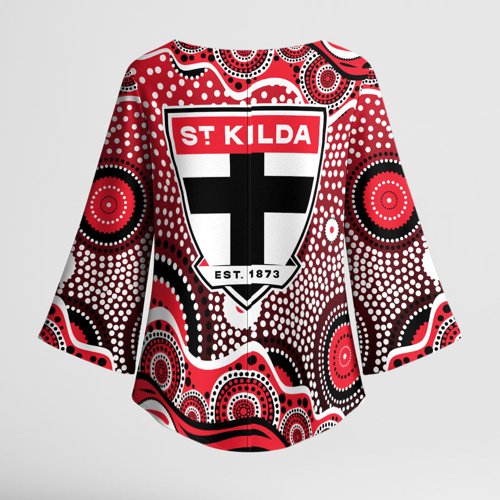 St Kilda Saints Kimono Sleeve Blouse Aboriginal Dot Pattern - Football Mascot Heritage Pride