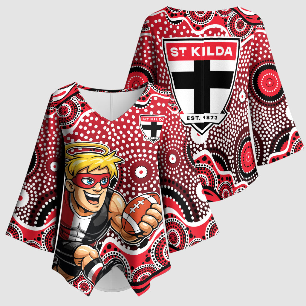 St Kilda Saints Kimono Sleeve Blouse Aboriginal Dot Pattern - Football Mascot Heritage Pride