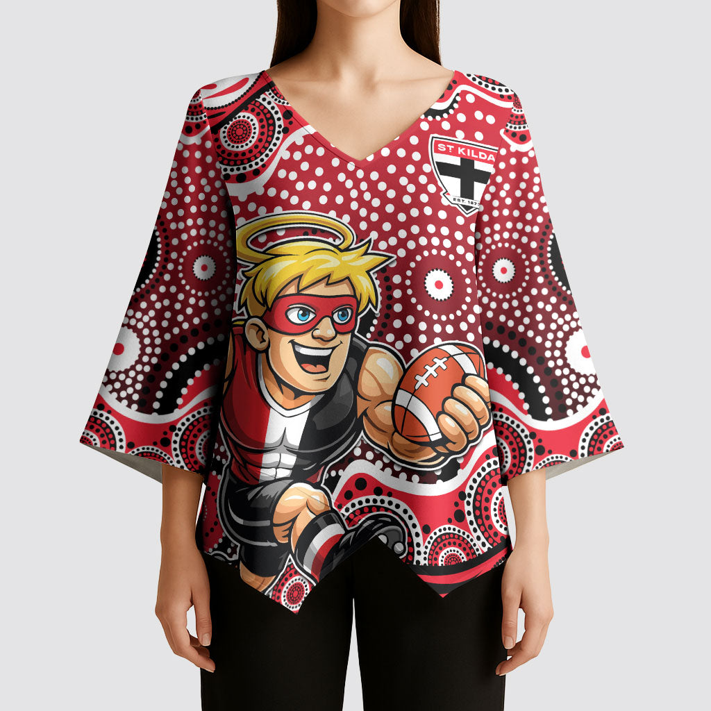St Kilda Saints Kimono Sleeve Blouse Aboriginal Dot Pattern - Football Mascot Heritage Pride