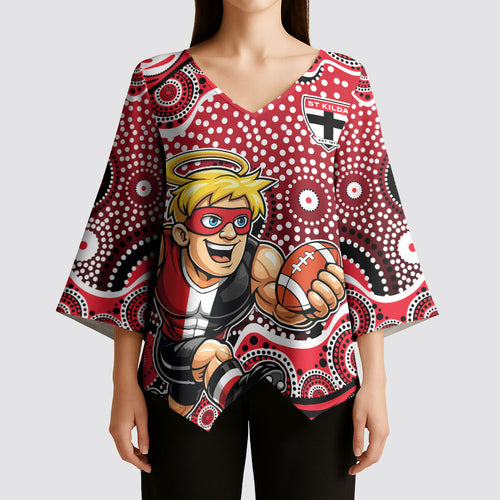 St Kilda Saints Kimono Sleeve Blouse Aboriginal Dot Pattern - Football Mascot Heritage Pride