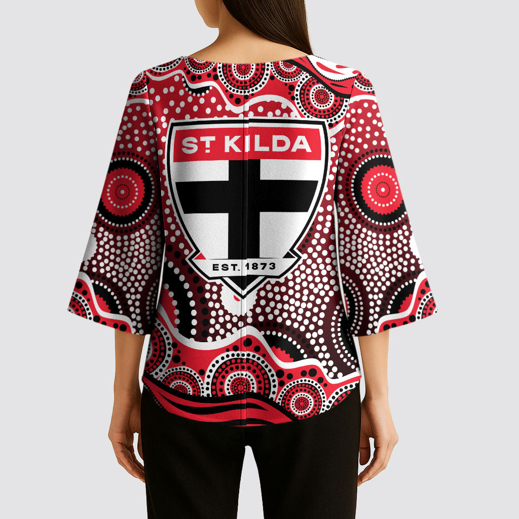 St Kilda Saints Kimono Sleeve Blouse Aboriginal Dot Pattern - Football Mascot Heritage Pride