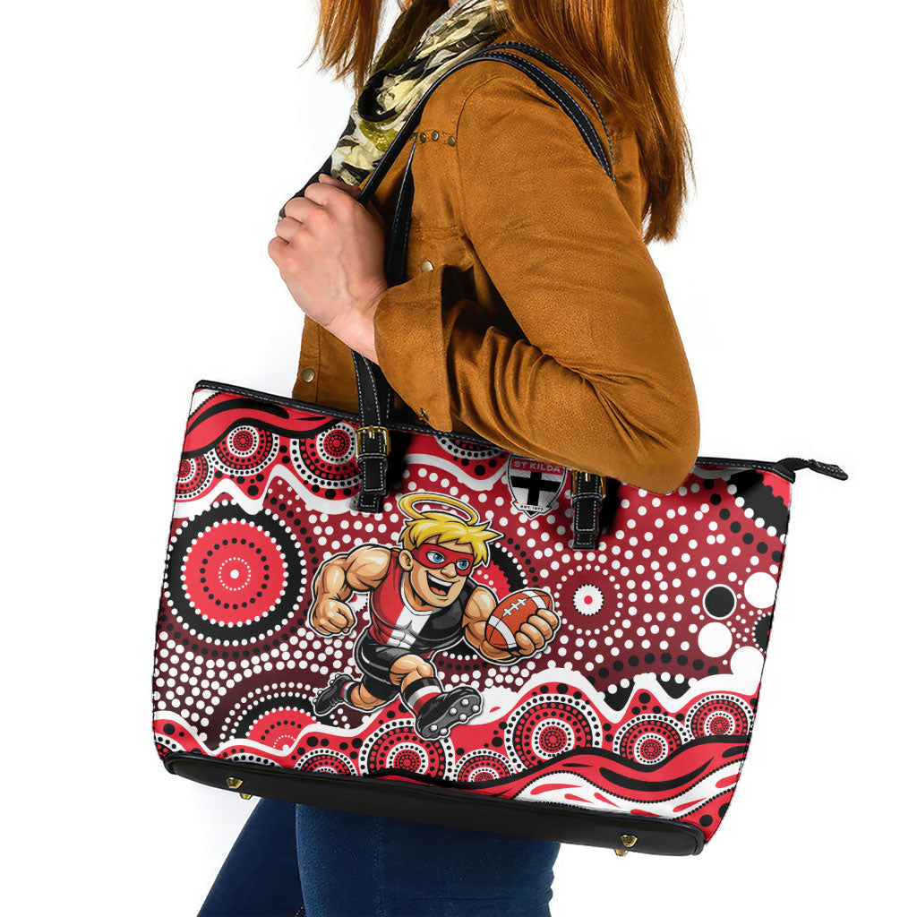 St Kilda Saints Leather Tote Bag Aboriginal Dot Pattern - Football Mascot Heritage Pride