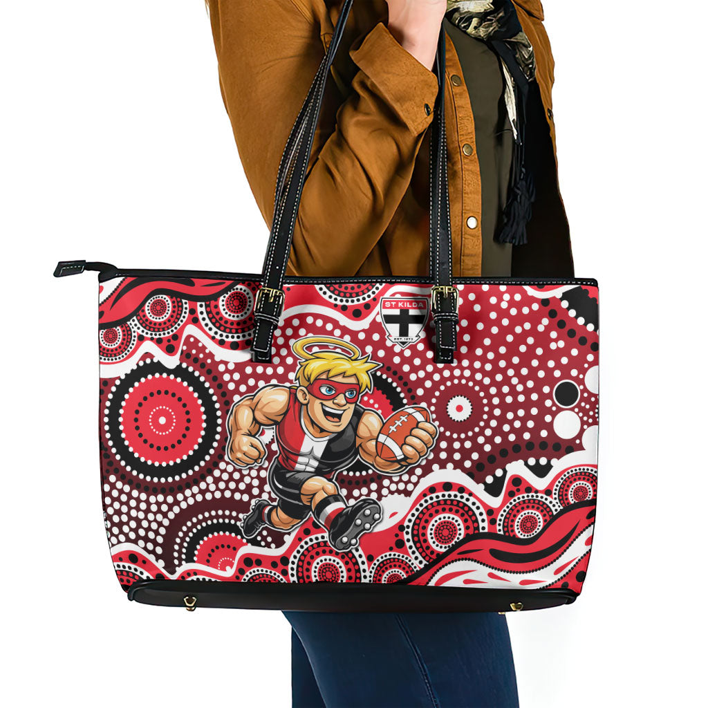 St Kilda Saints Leather Tote Bag Aboriginal Dot Pattern - Football Mascot Heritage Pride