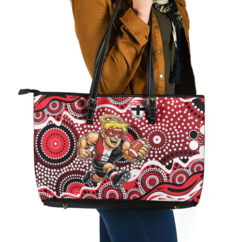 St Kilda Saints Leather Tote Bag Aboriginal Dot Pattern - Football Mascot Heritage Pride