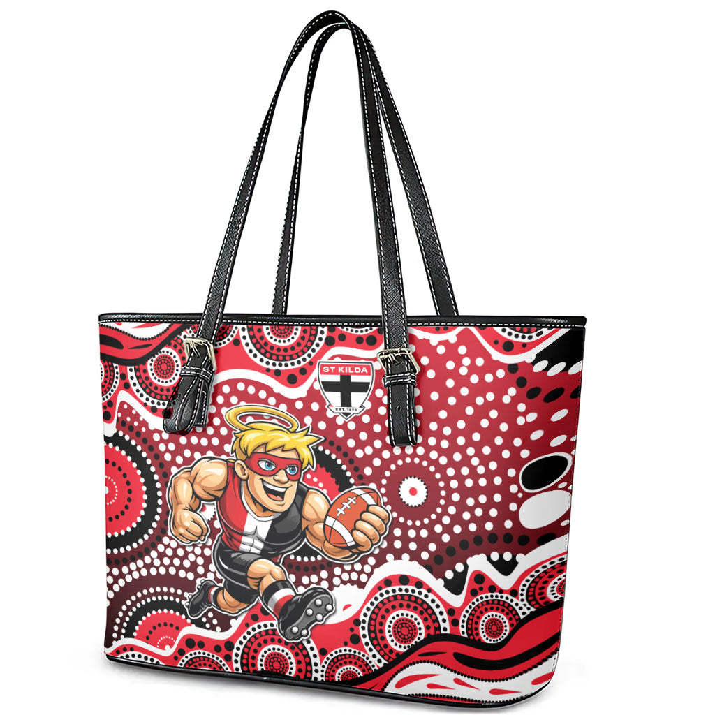 St Kilda Saints Leather Tote Bag Aboriginal Dot Pattern - Football Mascot Heritage Pride
