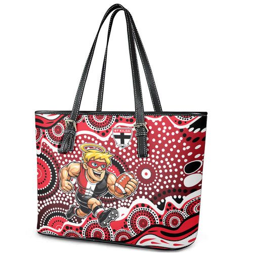 St Kilda Saints Leather Tote Bag Aboriginal Dot Pattern - Football Mascot Heritage Pride