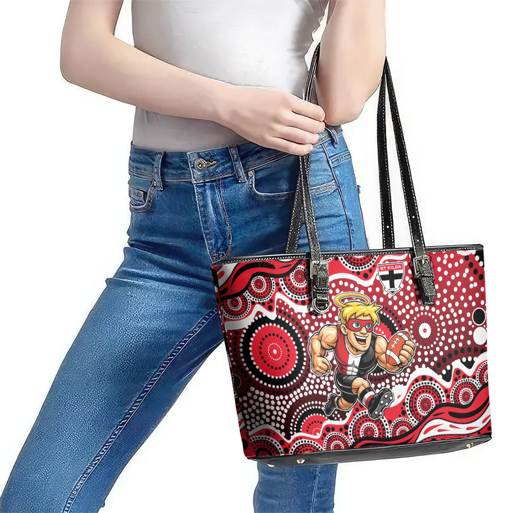 St Kilda Saints Leather Tote Bag Aboriginal Dot Pattern - Football Mascot Heritage Pride