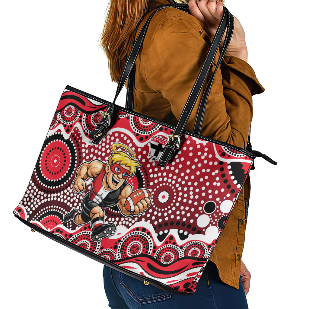 St Kilda Saints Leather Tote Bag Aboriginal Dot Pattern - Football Mascot Heritage Pride