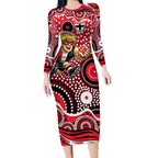 St Kilda Saints Long Sleeve Bodycon Dress Aboriginal Dot Pattern - Football Mascot Heritage Pride