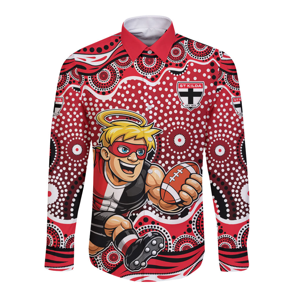 St Kilda Saints Long Sleeve Button Shirt Aboriginal Dot Pattern - Football Mascot Heritage Pride