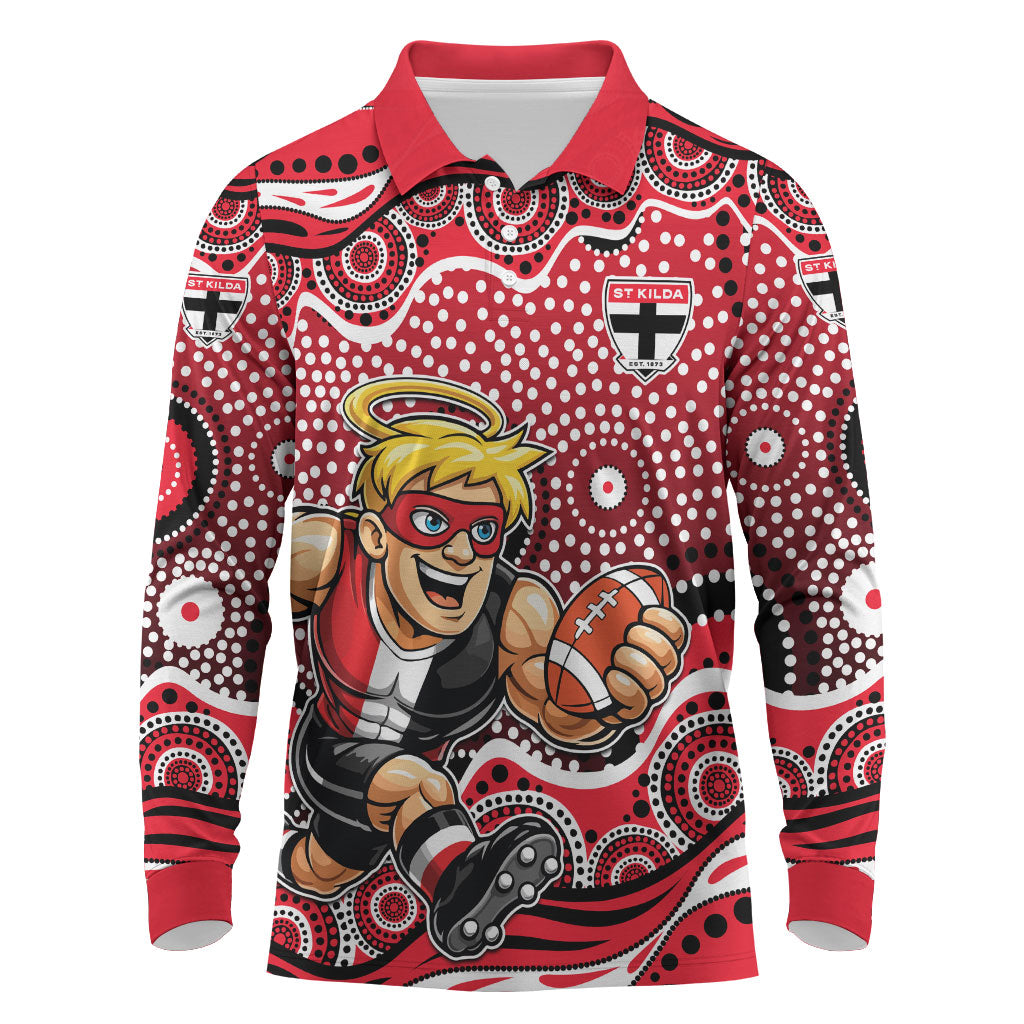 St Kilda Saints Long Sleeve Polo Shirt Aboriginal Dot Pattern - Football Mascot Heritage Pride