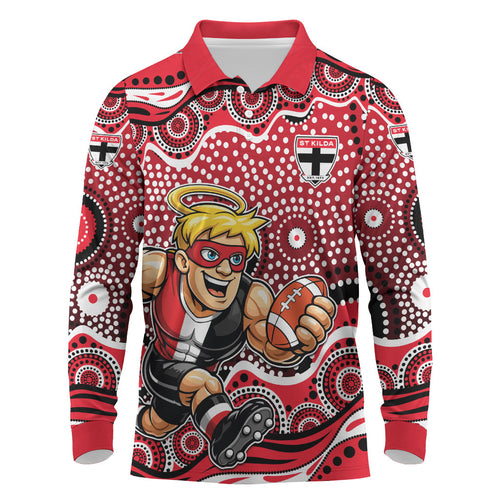St Kilda Saints Long Sleeve Polo Shirt Aboriginal Dot Pattern - Football Mascot Heritage Pride
