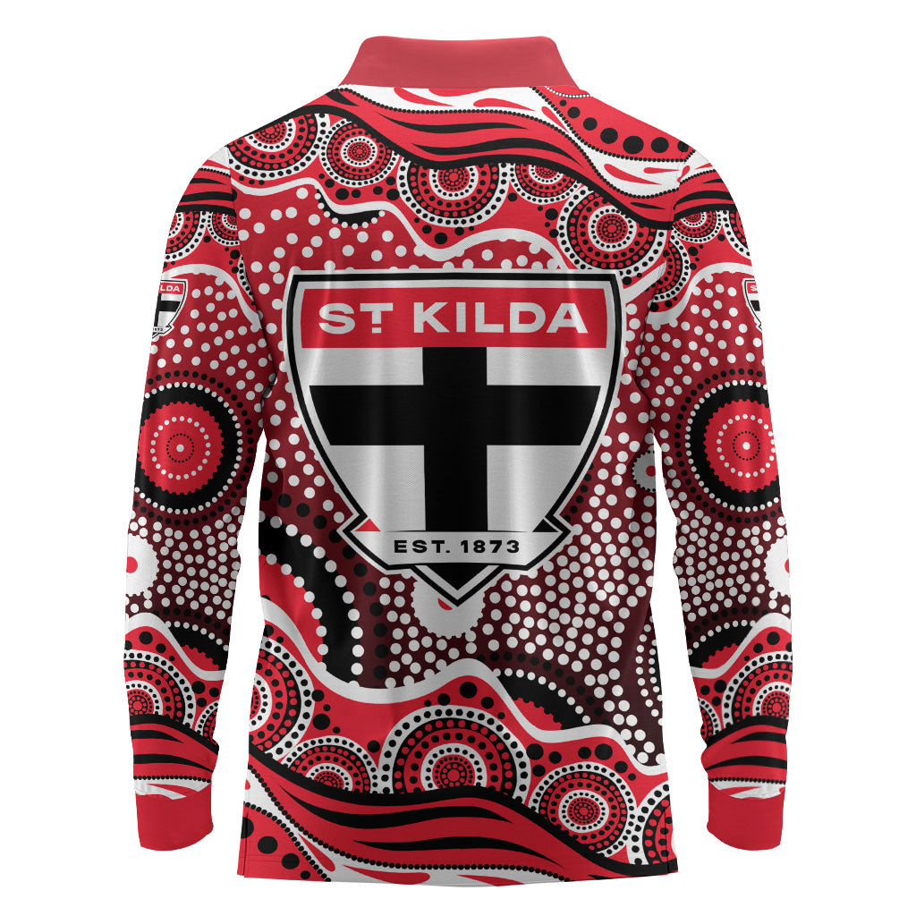 St Kilda Saints Long Sleeve Polo Shirt Aboriginal Dot Pattern - Football Mascot Heritage Pride