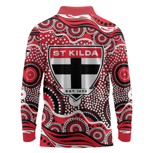 St Kilda Saints Long Sleeve Polo Shirt Aboriginal Dot Pattern - Football Mascot Heritage Pride