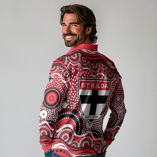 St Kilda Saints Long Sleeve Polo Shirt Aboriginal Dot Pattern - Football Mascot Heritage Pride