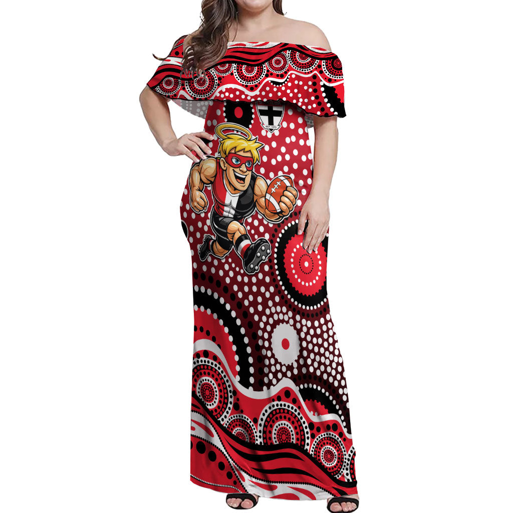 St Kilda Saints Off Shoulder Maxi Dress Aboriginal Dot Pattern - Football Mascot Heritage Pride