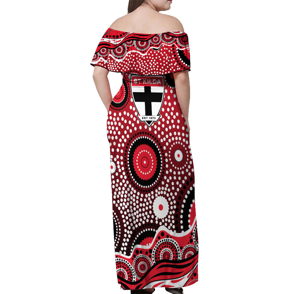 St Kilda Saints Off Shoulder Maxi Dress Aboriginal Dot Pattern - Football Mascot Heritage Pride