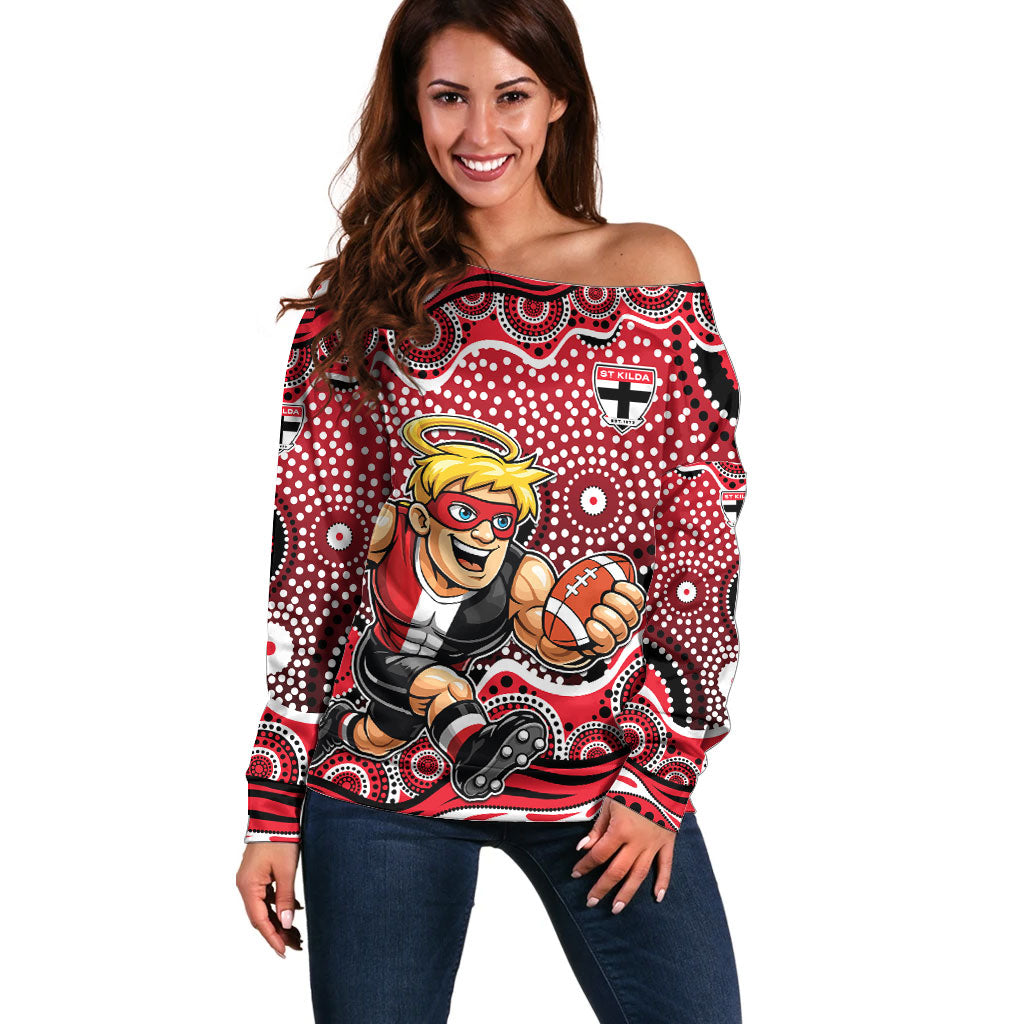 St Kilda Saints Off Shoulder Sweater Aboriginal Dot Pattern - Football Mascot Heritage Pride