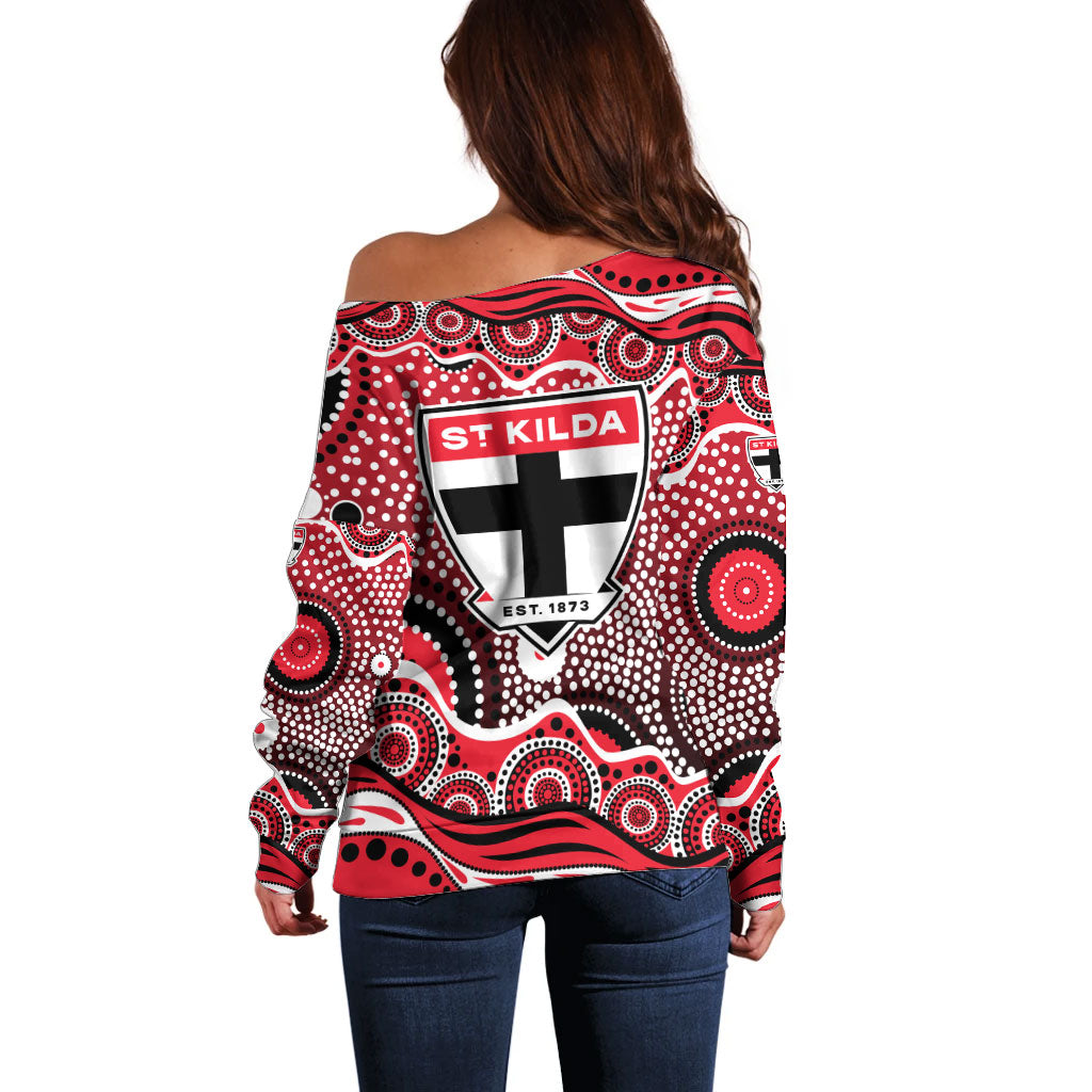 St Kilda Saints Off Shoulder Sweater Aboriginal Dot Pattern - Football Mascot Heritage Pride