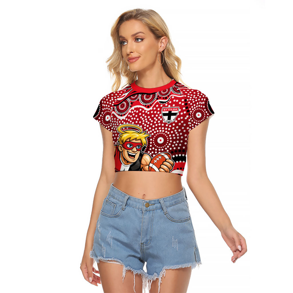 St Kilda Saints Raglan Cropped T Shirt Aboriginal Dot Pattern - Football Mascot Heritage Pride