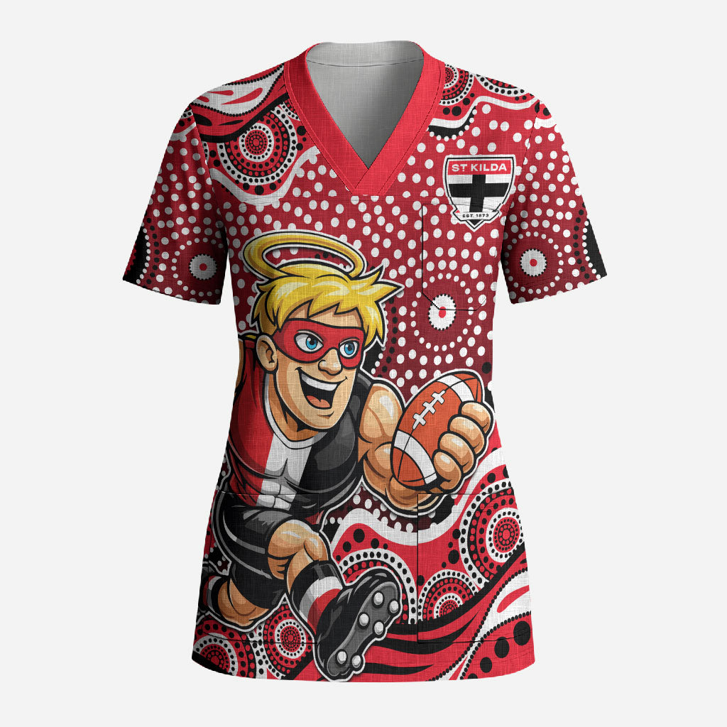 St Kilda Saints Scrub Top Aboriginal Dot Pattern - Football Mascot Heritage Pride