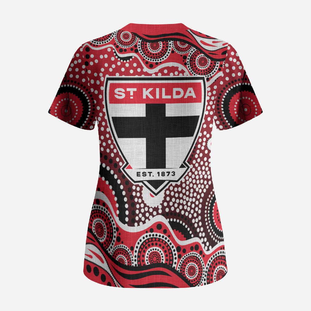 St Kilda Saints Scrub Top Aboriginal Dot Pattern - Football Mascot Heritage Pride