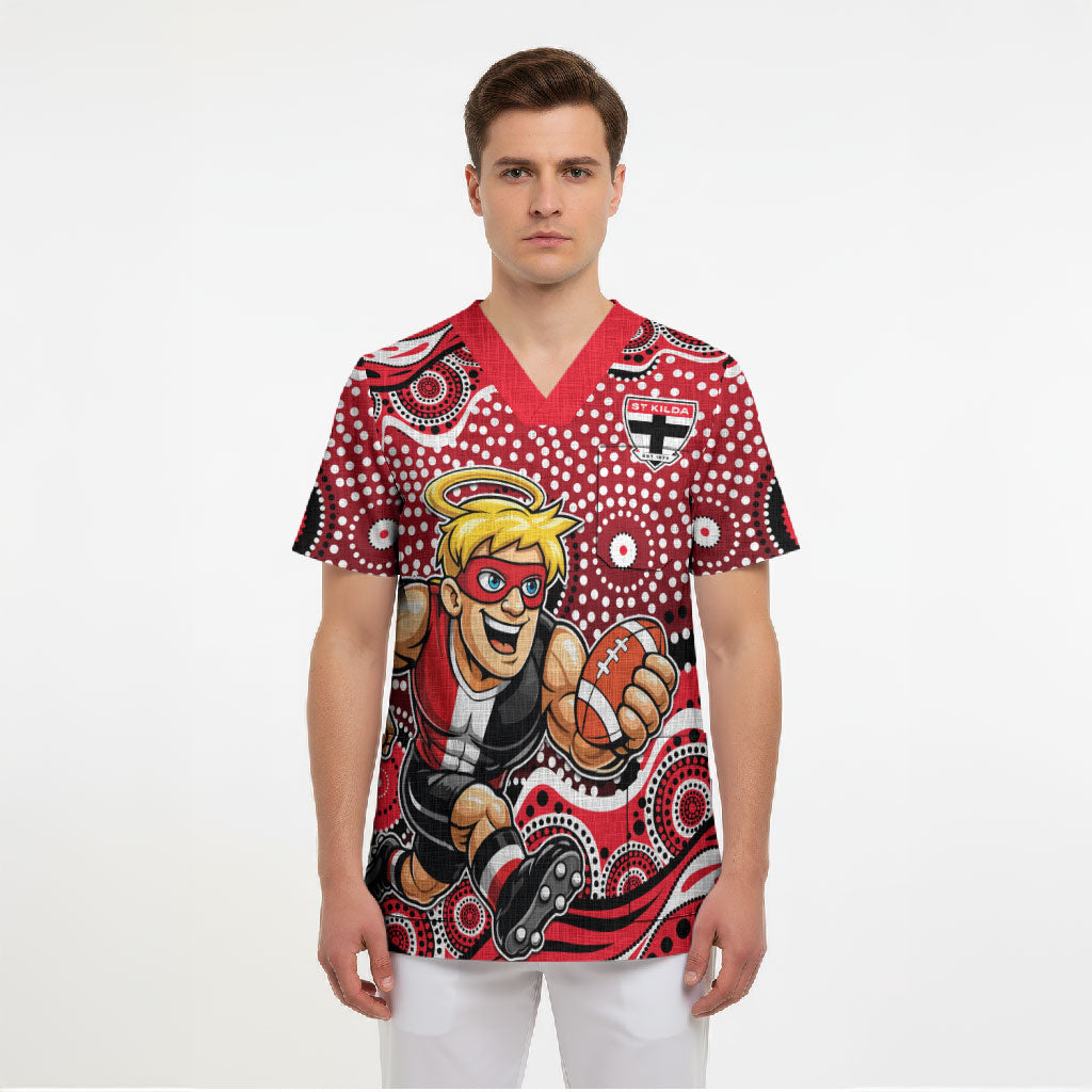 St Kilda Saints Scrub Top Aboriginal Dot Pattern - Football Mascot Heritage Pride