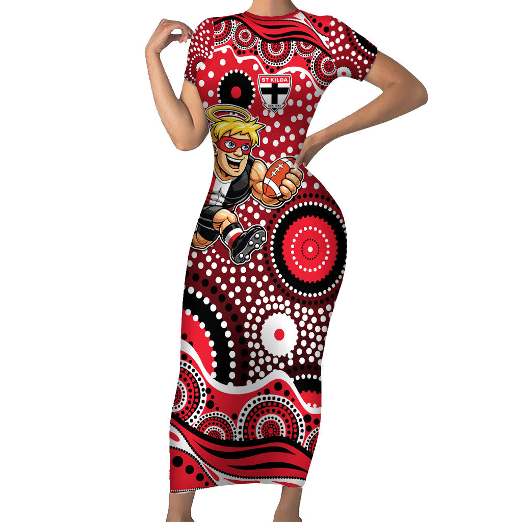 St Kilda Saints Short Sleeve Bodycon Dress Aboriginal Dot Pattern - Football Mascot Heritage Pride